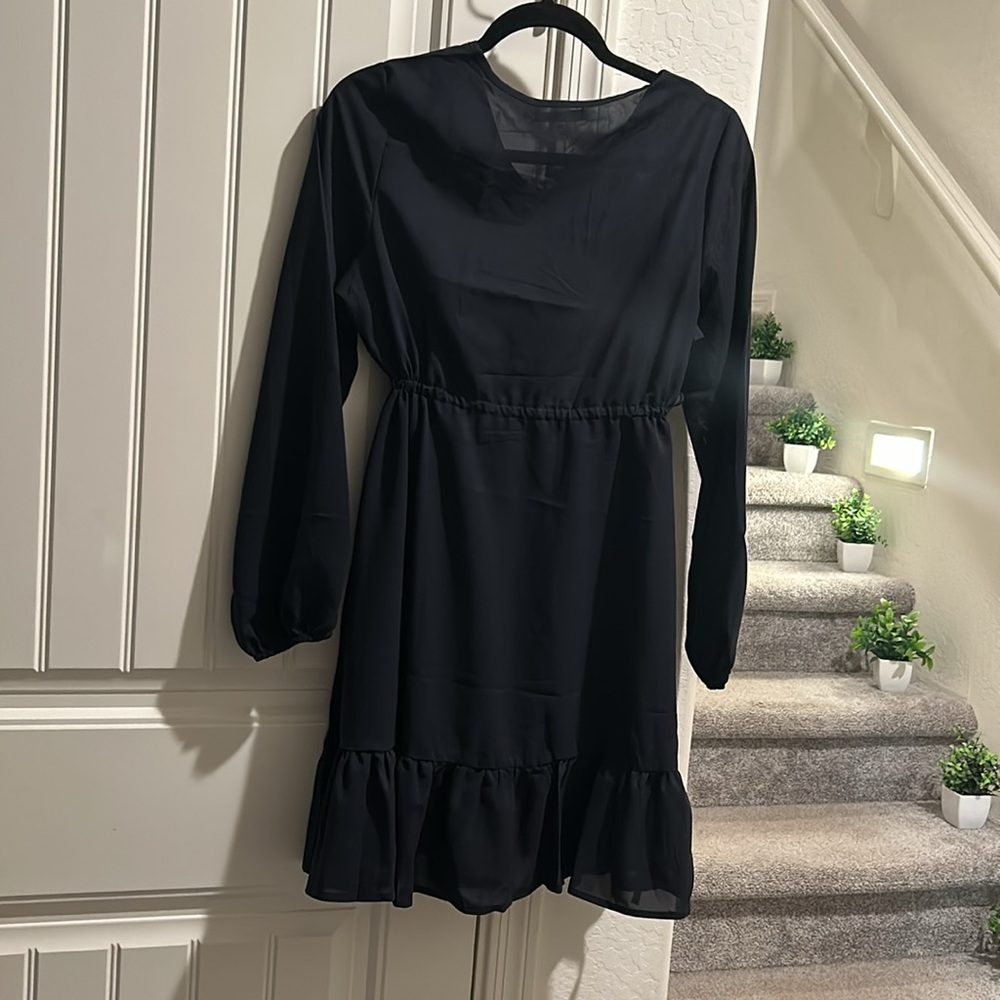 Womens Round Neck Long Bubble Sleeve Textured Casual Summer Babydoll Short Dress - Picture 4 of 4